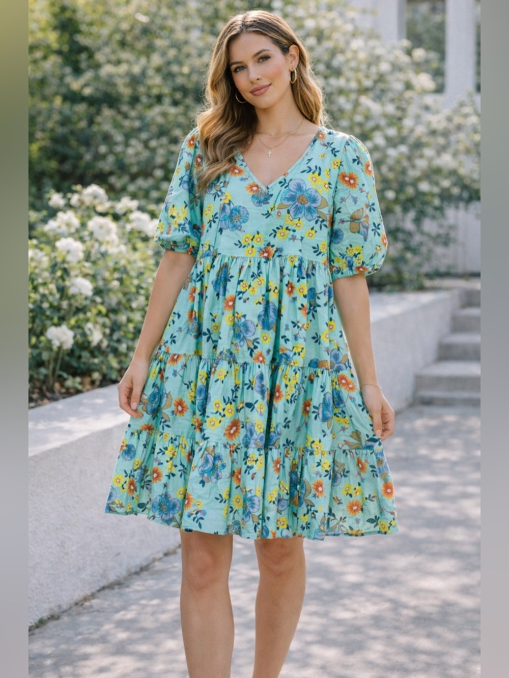 a.n.a Aqua Floral Tiered V-Neck Mini Dress